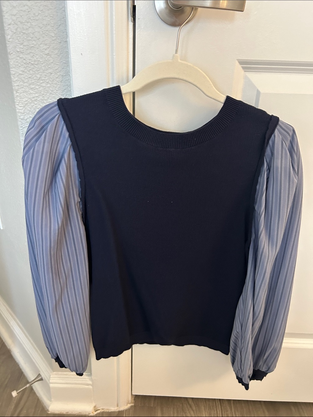 Current Air Navy Sweater Top with Light Blue Striped Puff Sleeves